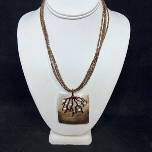 4 Strand Bronze Tone Seed Bead Necklace With Square Abalone Shell Pendant (4284)
